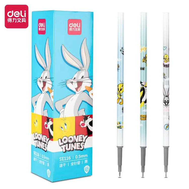 得力SE116兔巴哥按动中性笔芯0.5mm黑色速干全针管签字笔水笔芯