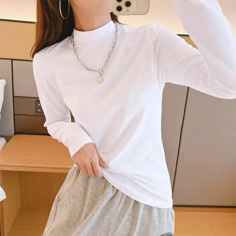 纯棉半高领白色打底衫女春秋内搭2025年新款长袖中领t恤修身上衣