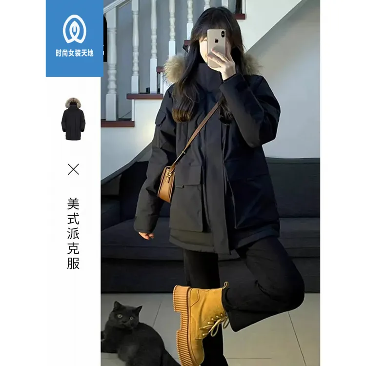 羽绒服棉美式高级感夹棉衣棉服加厚黑色连帽外套女春秋2024新款