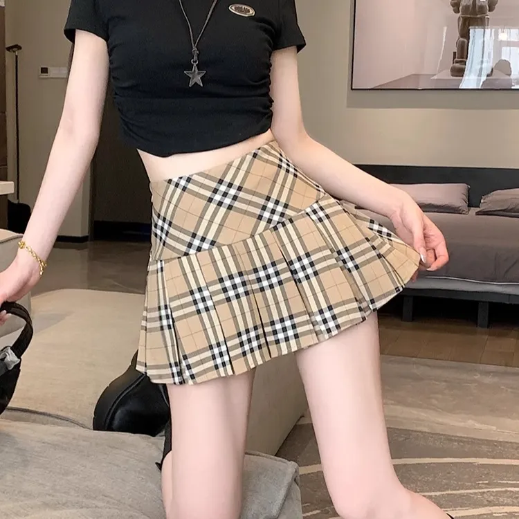 美式咖色格子百褶裙半身裙女2024春秋高腰a字格纹毛呢短裙jk半裙