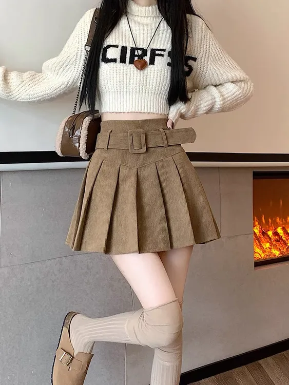 杏色灯芯绒半身裙秋冬高腰显瘦遮胯大码胖mm百褶裙防走光a字短裙