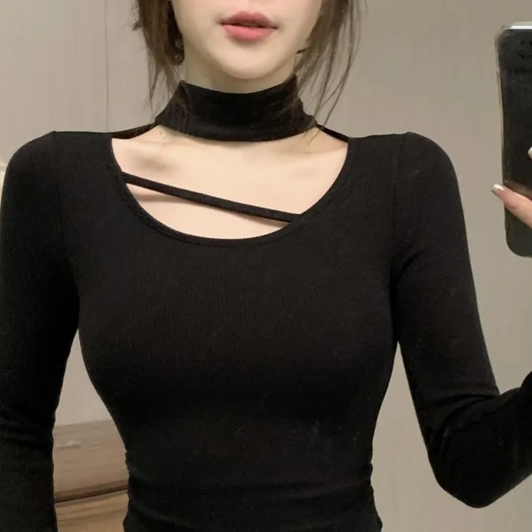 高领镂空德绒打底衫女设计感修身显瘦长袖内搭性感内搭性感上衣女