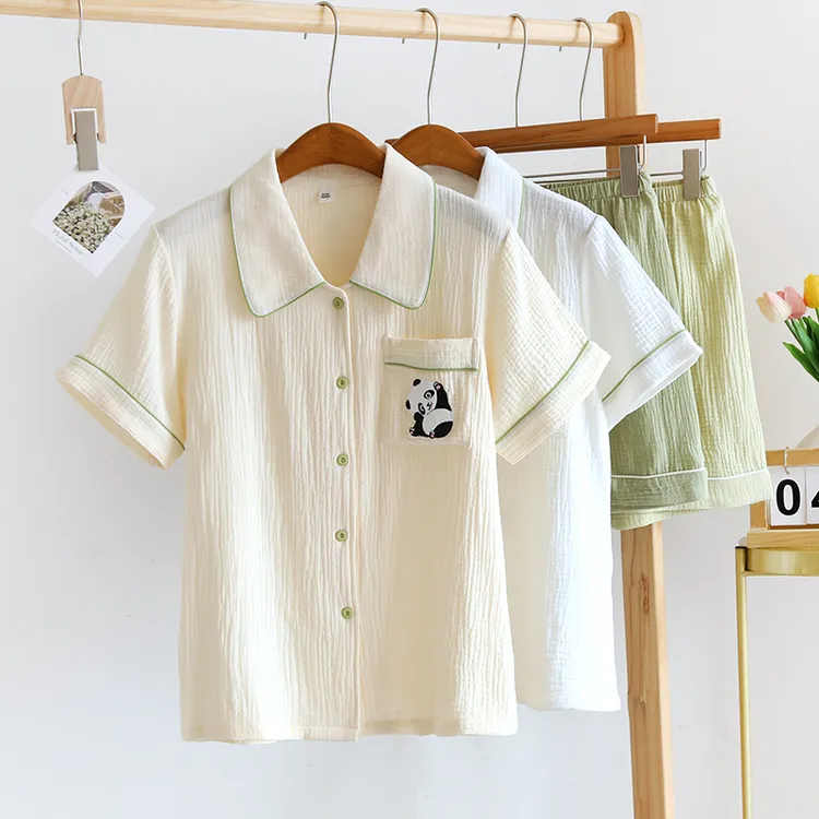 睡衣女短袖短裤纯棉双层纱布薄款夏季新款可爱熊猫家居服宽松套装