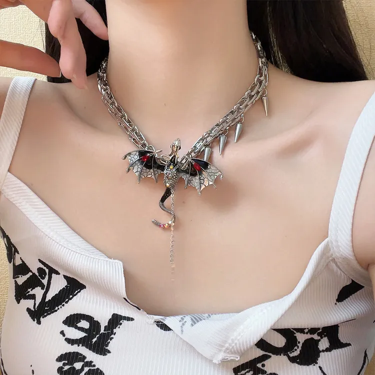 铜合金项链 暗黑风复古滴油卡通飞龙项链女个性时尚小众锁骨链潮