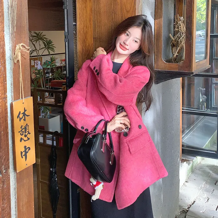 火龙果色双面羊毛大衣女冬季2024新款时尚气质超好看西装毛呢外套