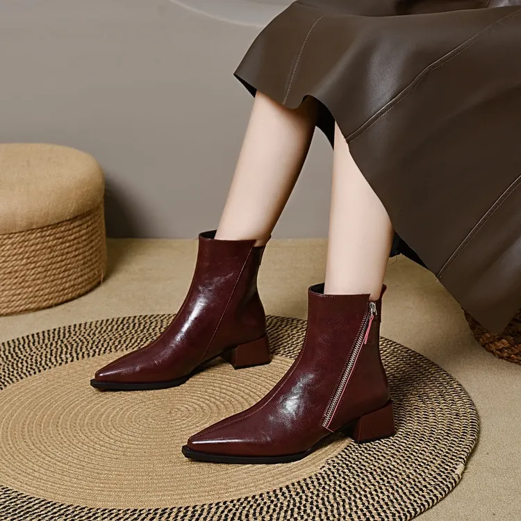 法式小短靴尖头低跟英伦风拉链秋冬加绒加厚马丁靴网红爆款瘦瘦靴