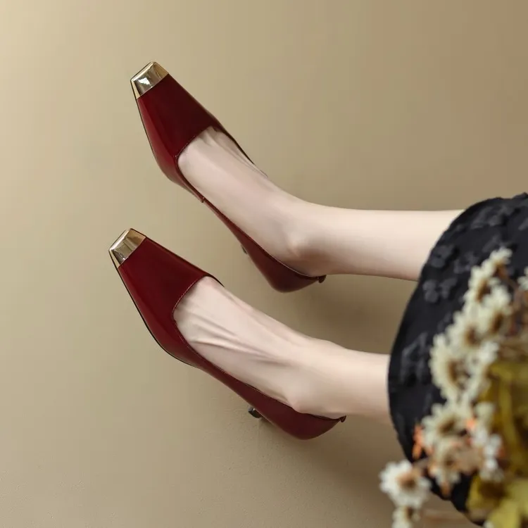 3公分细跟国潮单鞋真皮女鞋4041大码欧若风浅口女士红色高跟鞋