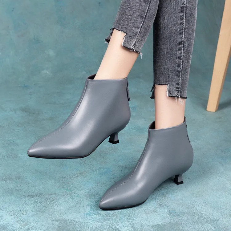 秋冬裸靴低筒3公分小短靴细跟瘦瘦靴百搭洋气尖头牛皮真皮单靴女