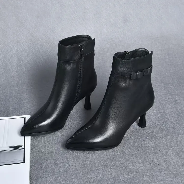 羊皮尖头气质小短靴女秋冬细跟高跟裸靴加绒瘦瘦靴真皮女短靴棉靴