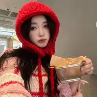 韩系粗毛线帽大头围女冬季时尚保暖加厚针织包头显脸小绑带护耳帽