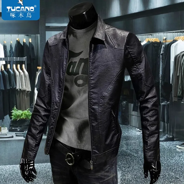 啄木鸟高档皮衣男士春秋季新款翻领皮夹克外套男款潮流痞帅机车服