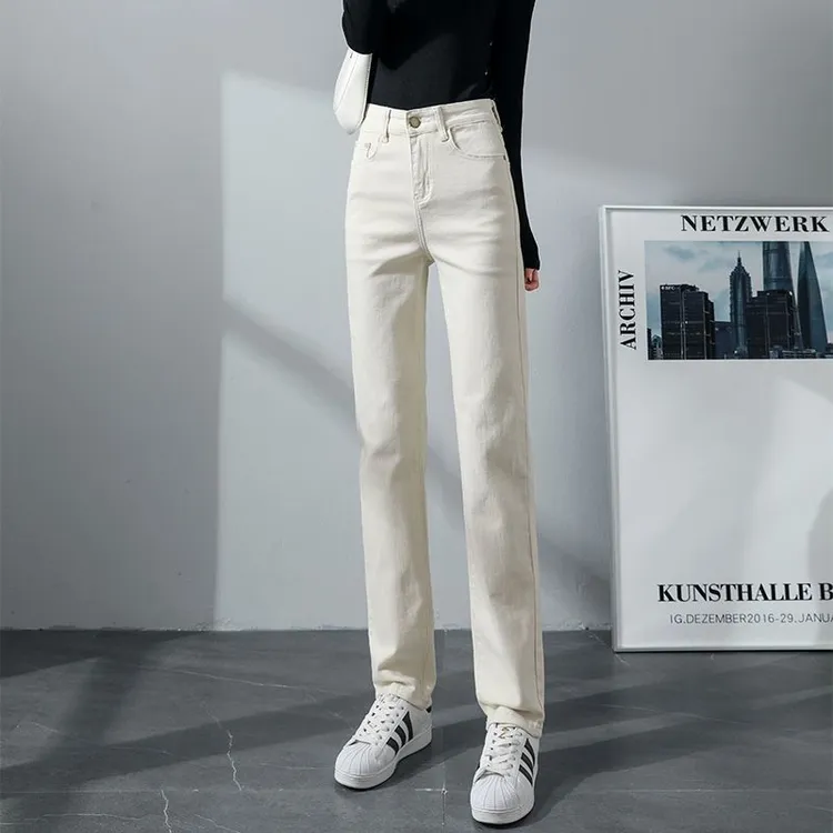 米白色窄版直筒牛仔裤女2025年冬季加绒高腰显瘦百搭宽松烟管长裤