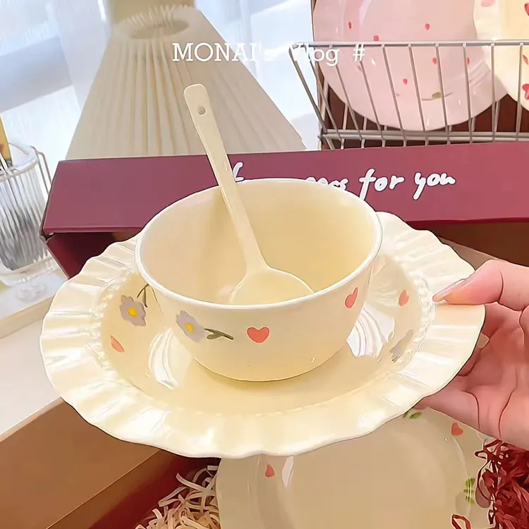 【三件套系列】奶油黄紫藤花盘碗家用碗盘米勺子饭碗陶瓷餐具碗勺