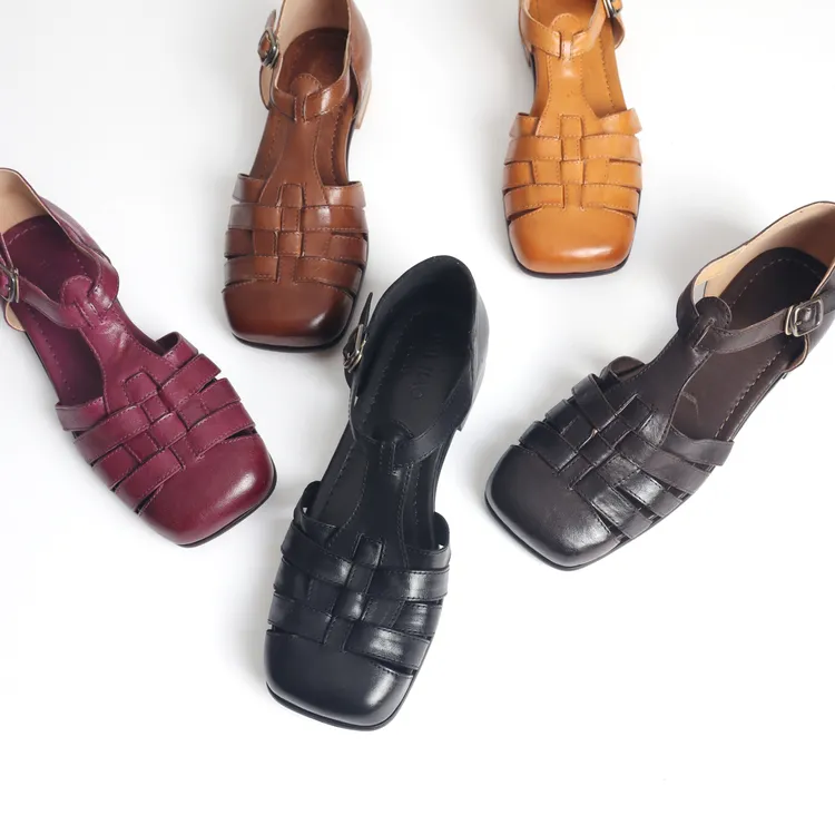 法式复古罗马凉鞋女夏2024新款黑色包头镂空编织玛丽珍鞋3523-1