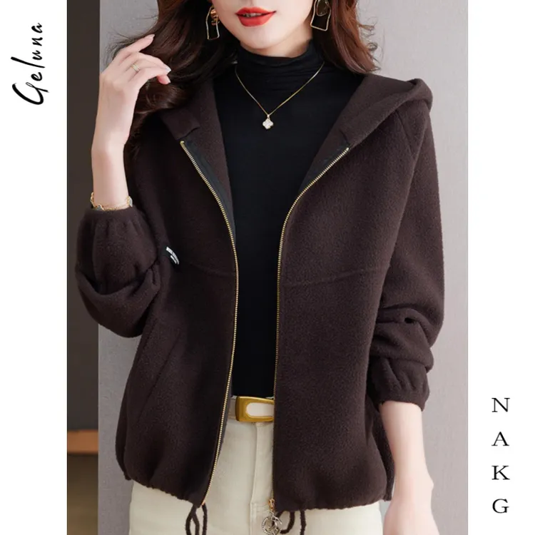NAKG咖色连帽毛呢外套女秋冬季2025新款抽绳摆宽松百搭加厚夹克