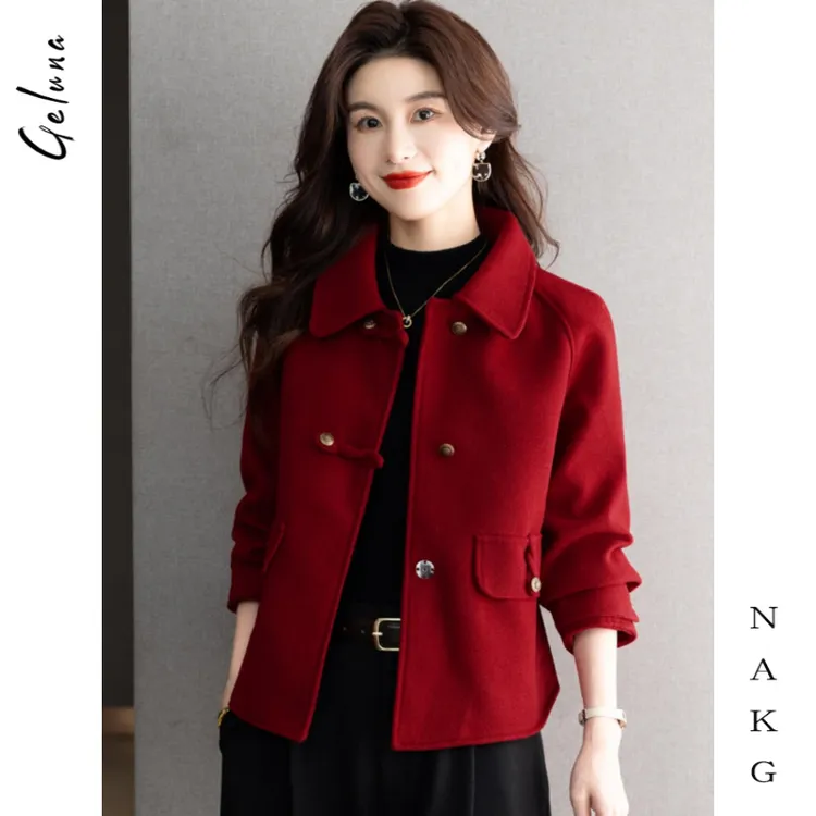 NAKG红色双面羊绒外套女秋冬季2025新款三粒扣小香风气质毛呢夹克