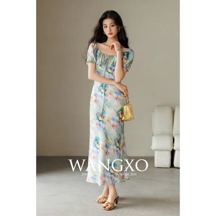 WANGXO【莫尔花园】油画印花领口抽绳褶皱连衣裙240326S
