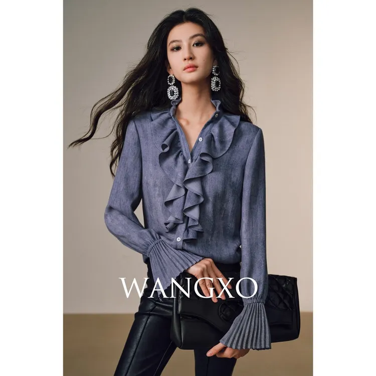 WANGXO 宫廷法式压褶木耳边复古衬衫 240989W