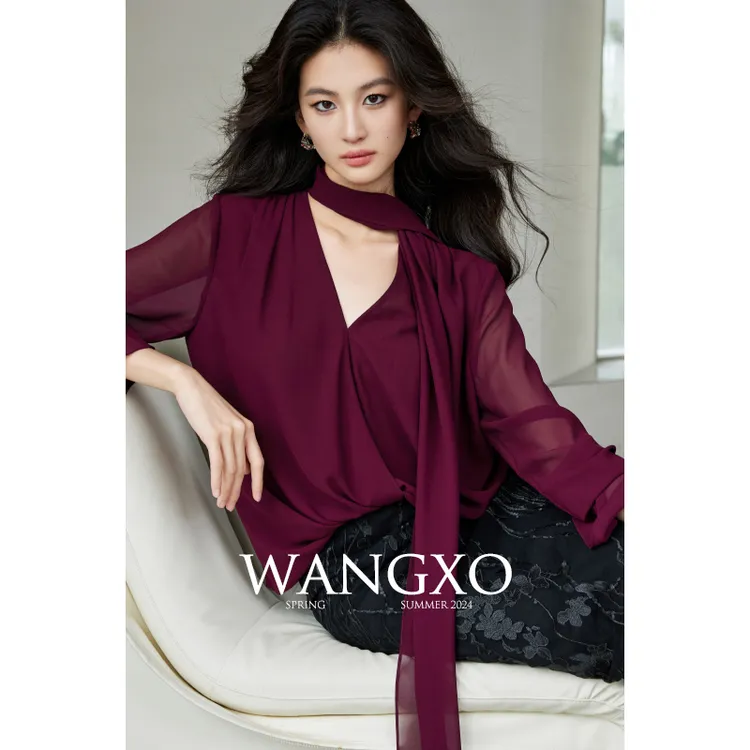 WANGXO 长袖飘带珍珠雪纺上衣衬衫 241228Y