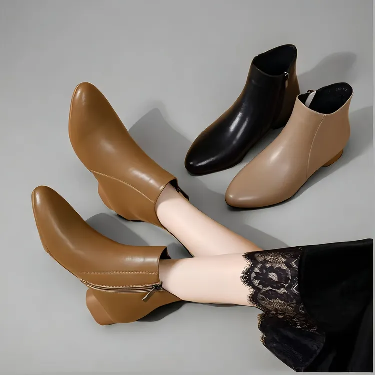 气质粗跟短靴尖头真软皮加绒秋冬中跟百搭女靴子软底冬天女短靴
