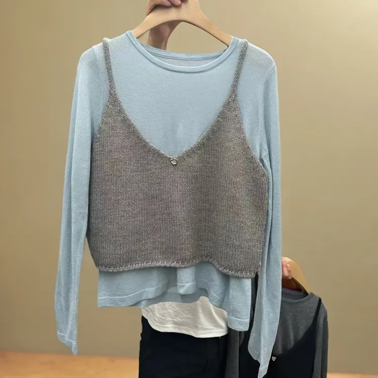 现货 纯色打底小衫背心马甲叠穿两件套2024秋新针织背心套装女潮