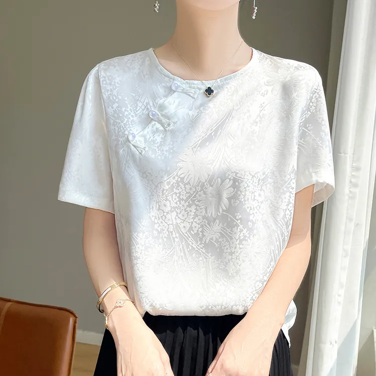 夏季中式国风提花复古短袖上衣醋酸缎面宽松圆领T恤外穿遮肉设计