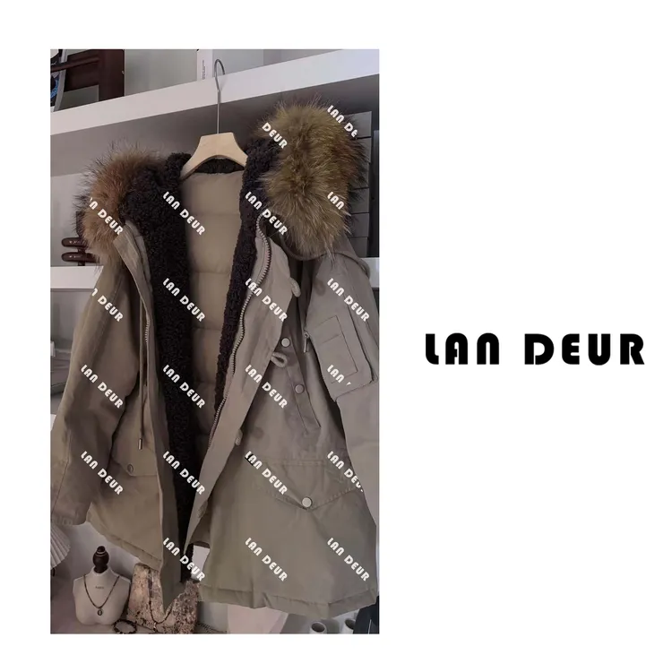 JIUJIU【冬之细语】派克服时尚连帽加厚外套毛领羽绒服女上衣中长款