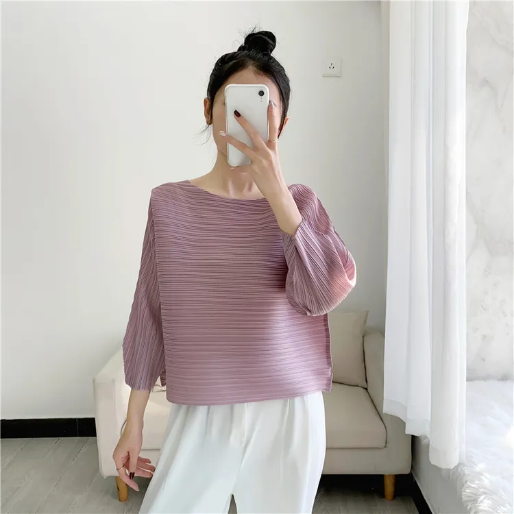 2023春秋新款褶皱上衣七分袖T恤一字领压褶衣服女横折小众设三宅