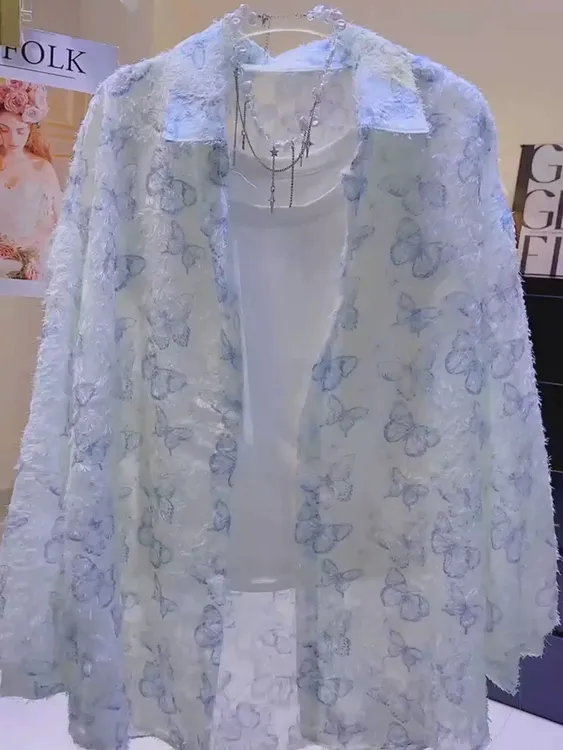 夏季女装长袖防晒衬衣衬衫薄款透气宽松潮流百搭蝴蝶流苏设计感