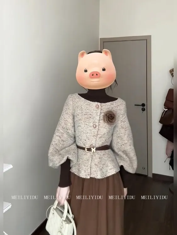 大码气质名媛小香风收腰外套搭配半身裙复古高级感时尚两件套装女