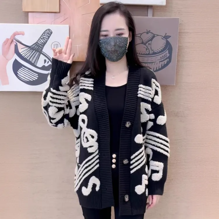 复古音符针织开衫女秋冬2024新款加厚慵懒风撞色宽松气质毛衣外套