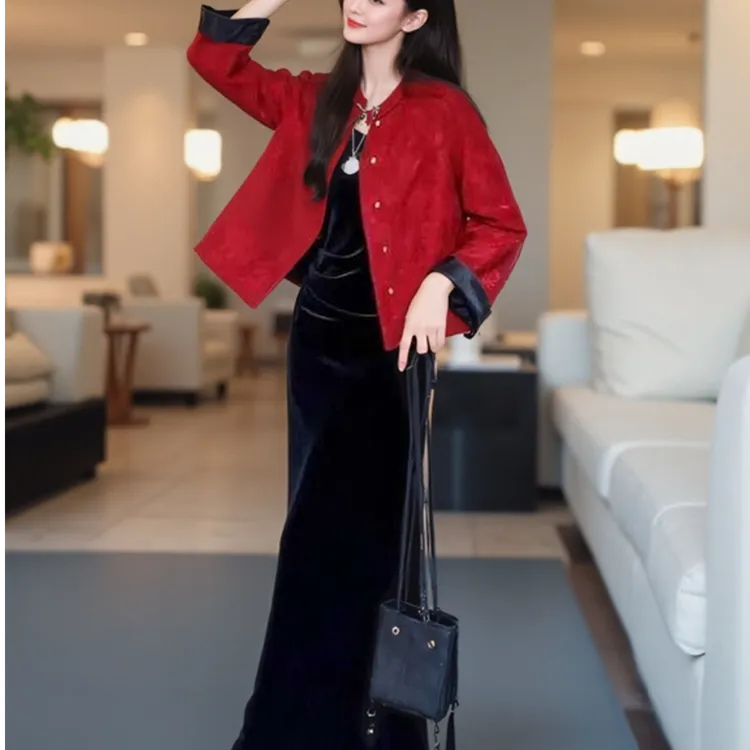 新中式国风套装裙唐装红色外套女秋季欧货金丝绒吊带连衣裙两件套