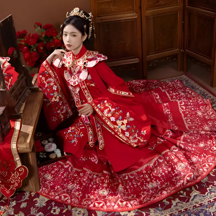 原创汉服【红染】重工刺绣花嫁明制婚服马面裙立领衫云肩秋冬款古风