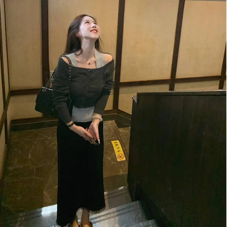 【海棠醉日】秋冬韩版气质通勤新款真两件长袖上衣高级设计感裙子