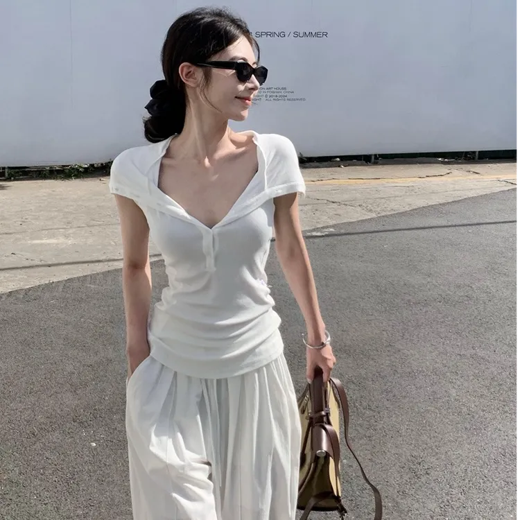 【白茶清欢】时尚个性气质修身显瘦高级感上衣百搭简约休闲阔腿裤