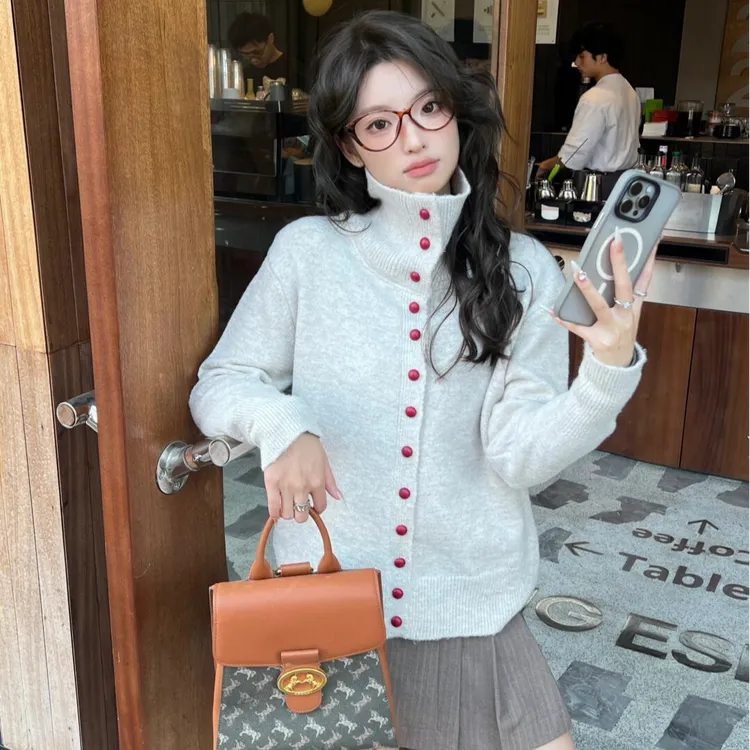 秋冬新款开衫款女长袖毛针织衫打底宽松百搭高领网红小香风短裙女