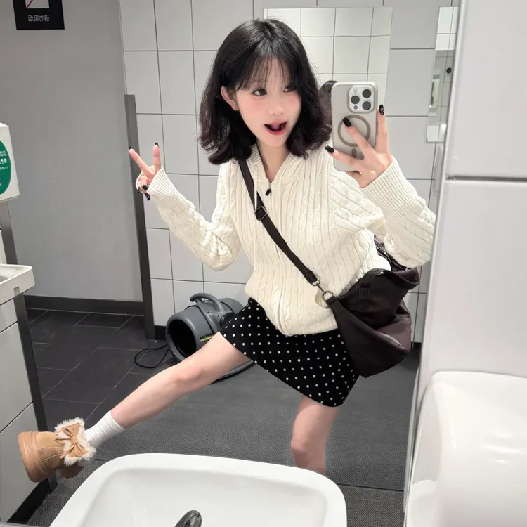 毛针织衫女轻熟风连帽针织开衫女装慵懒风设计感小众洋气波点裙