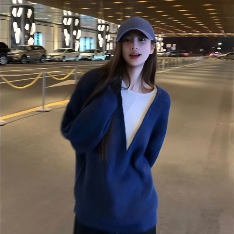 时尚百搭气质宽松克莱因蓝休闲风针织假两件上衣开衫显瘦慵懒风女