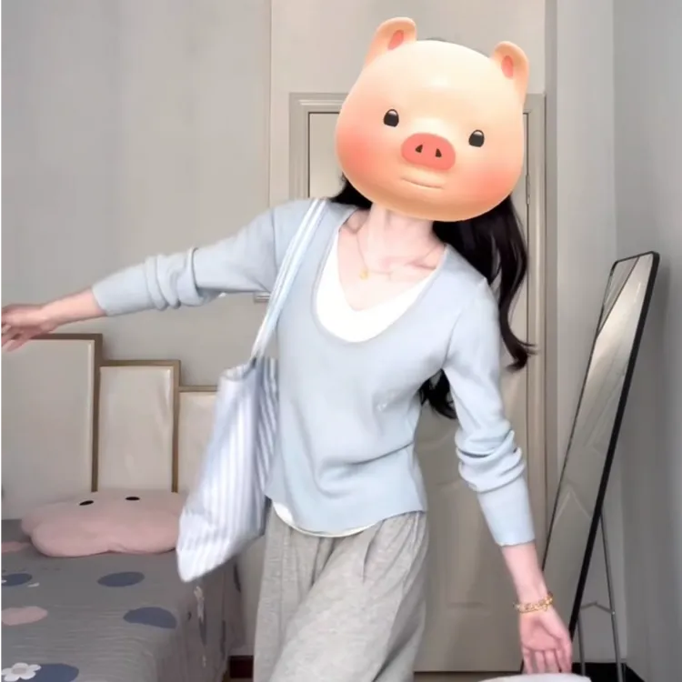 【织锦月裁】秋季时尚简约韩版显瘦假两件设计感上衣百搭小众休闲裤