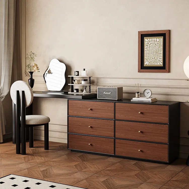 现代简约梳妆台客厅复古风实木化妆桌胡桃木中古风梳妆台斗柜一体