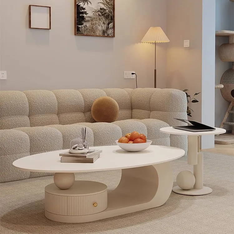 岩板奶油风椭圆形茶几小户型法式茶台轻奢现代高级感茶桌边几组合