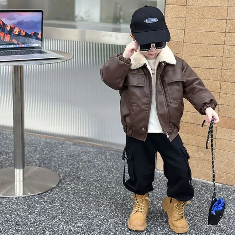 童装男童加绒皮衣外套秋冬装2025新款痞帅洋气宝宝冬季儿童男外套