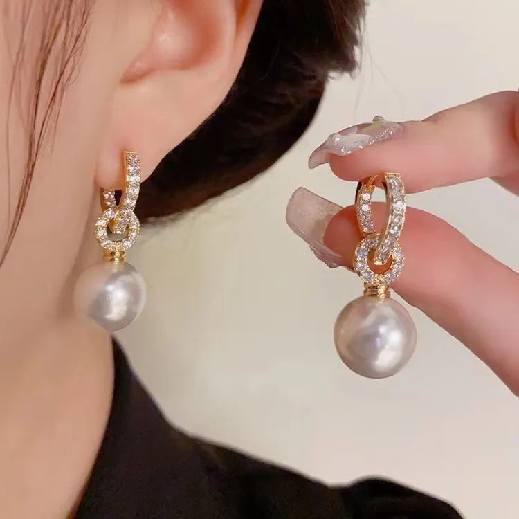 铜合金仿珍珠耳饰 韩式时尚微镶锆石珠珠爱心扣两戴款耳饰