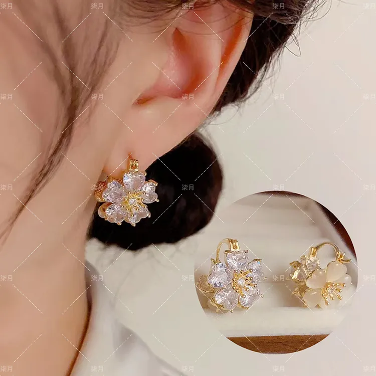 铜合金合成锆石耳饰 气质甜美双面戴花朵时尚百搭一款多戴耳扣645