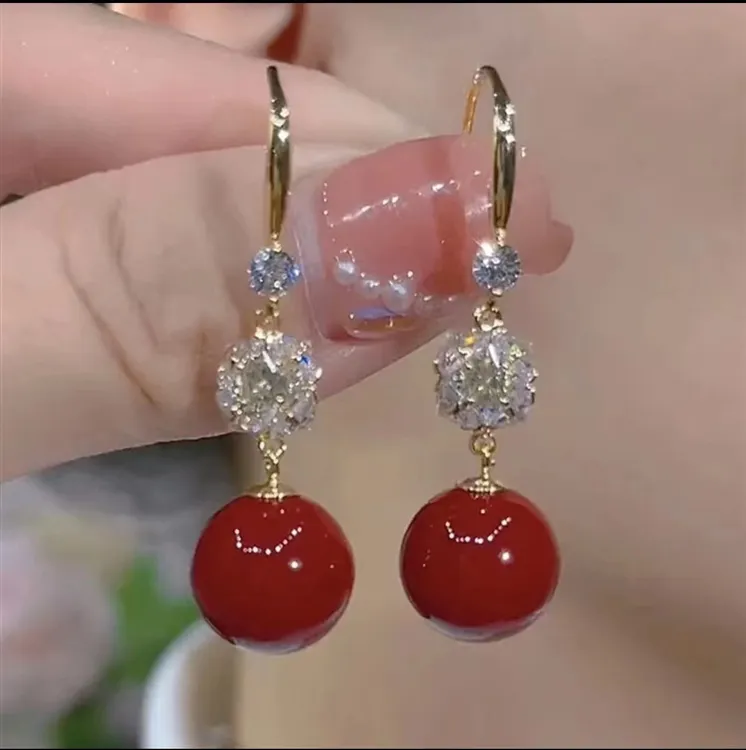 铜合金仿珍珠耳饰 时尚气质锆石珠珠挂钩耳环小众轻奢名媛百搭586