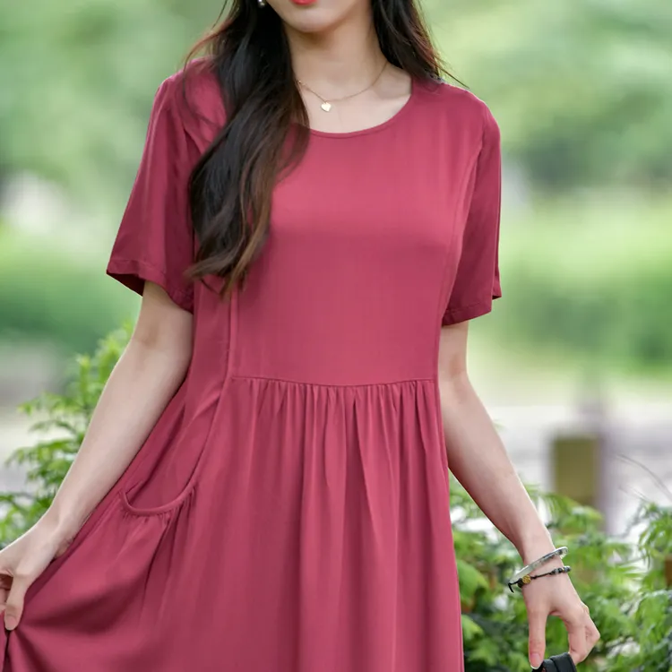 2025新款夏天棉绸连衣裙宽松遮肚气质妈妈大码人造棉纯色中长裙子