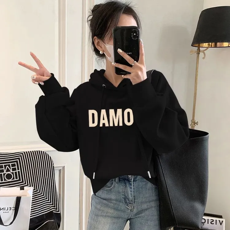 设计感小众秋冬新款2025加绒加厚套头连帽卫衣女短款宽松韩版外套