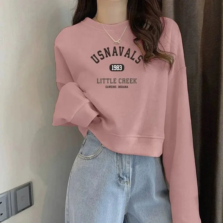 圆领套头短款卫衣女加绒加厚长袖蓝色上衣高腰显瘦小个子春秋薄款