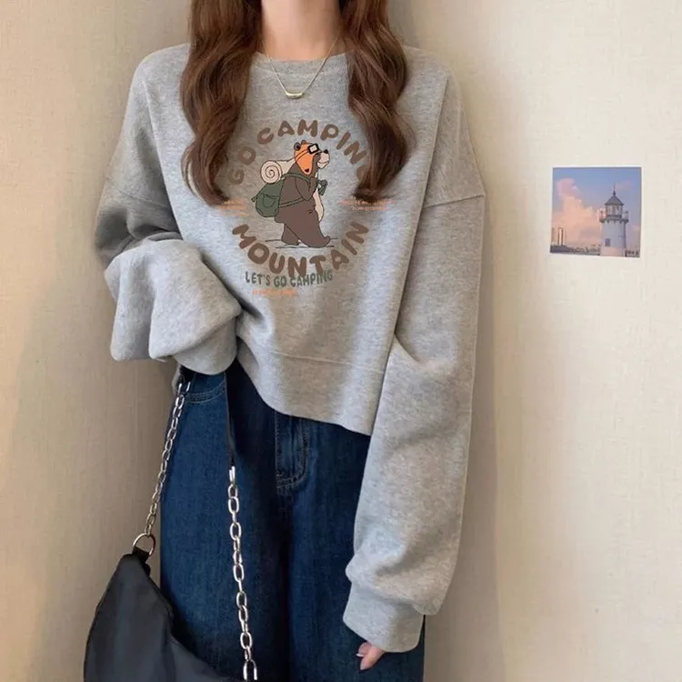 圆领套头短款卫衣女加绒加厚秋冬上衣宽松高腰显瘦小个子春秋薄款