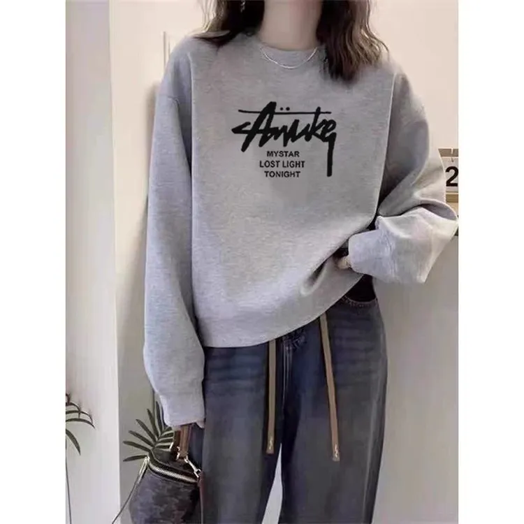 加绒加厚款圆领外套卫衣女2025新款爆款韩版宽松休闲上衣春秋冬季